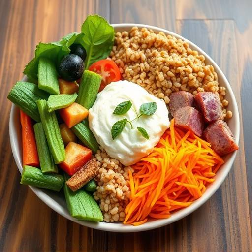 A colorful and balanced plate of food with vegetables, grains, and protein