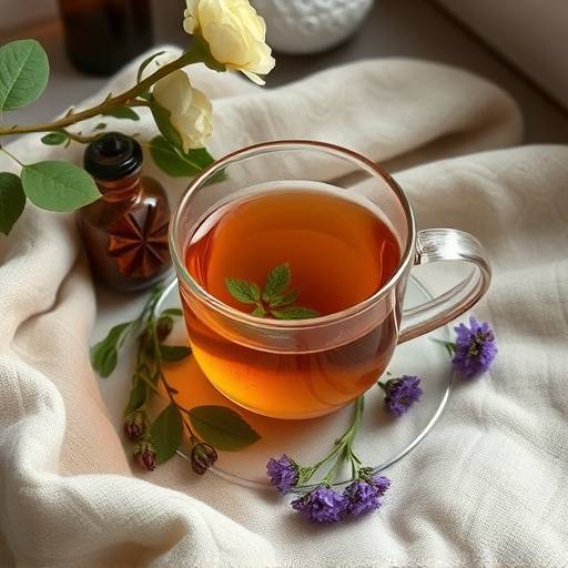 A cup of herbal tea, suggesting a calming bedtime ritual.