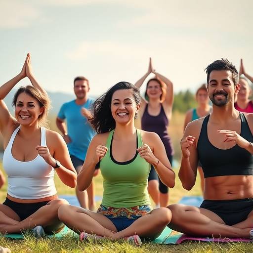 A diverse group of people smiling and practicing healthy activities like yoga, running, and preparing a nutritious meal