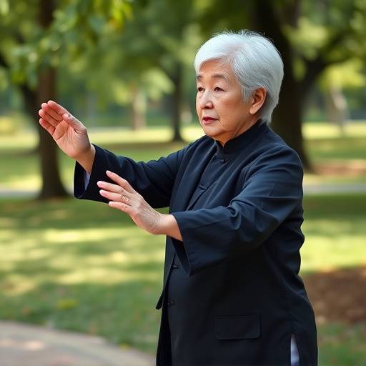 A senior woman practicing Tai Chi in a park, showing a balance exercise.