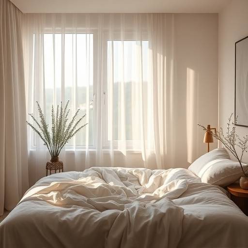 A serene bedroom scene with soft lighting, promoting relaxation for sleep.