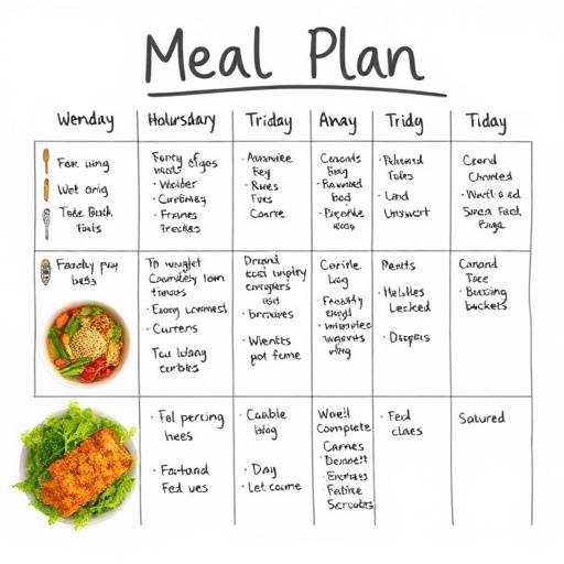 A weekly meal plan written on a whiteboard with healthy meal ideas