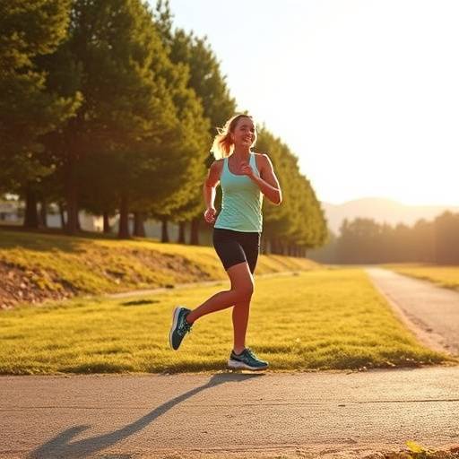 A woman running outdoors on a sunny day, showcasing a cardiovascular exercise routine.